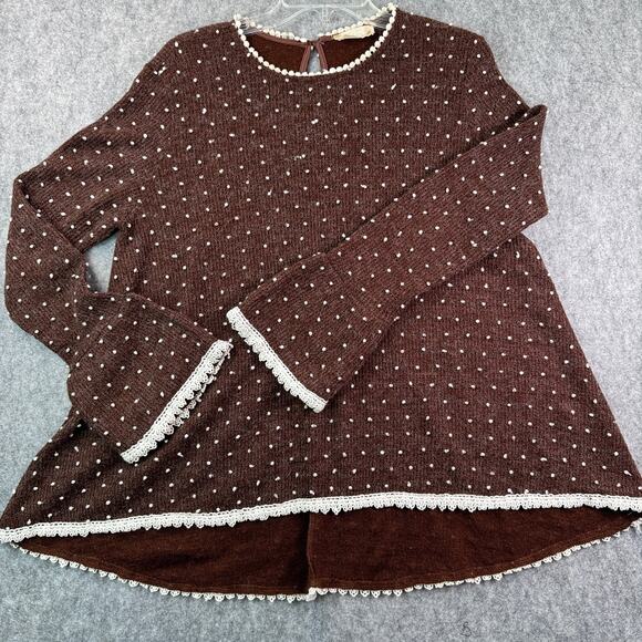 Altar'd State Women's L Brown Cream Polka Dot Cottage Boho Crochet Edge Sweater - Picture 1 of 7